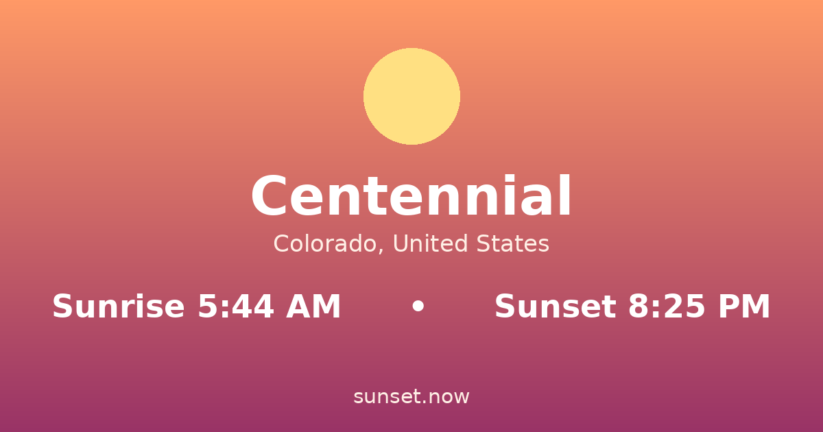 Sunrise & sunset times in Centennial, Colorado — sunrise 5:44 AM, sunset 8:25 PM