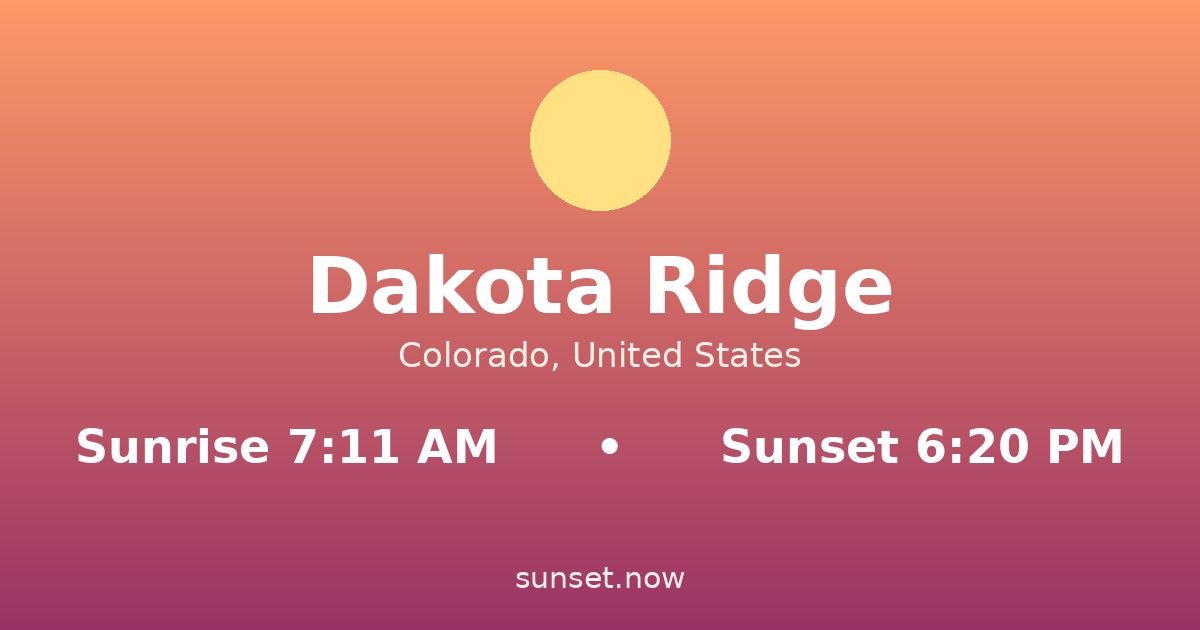 Sunrise & sunset times in Dakota Ridge, Colorado — sunrise 7:10 AM, sunset 6:22 PM