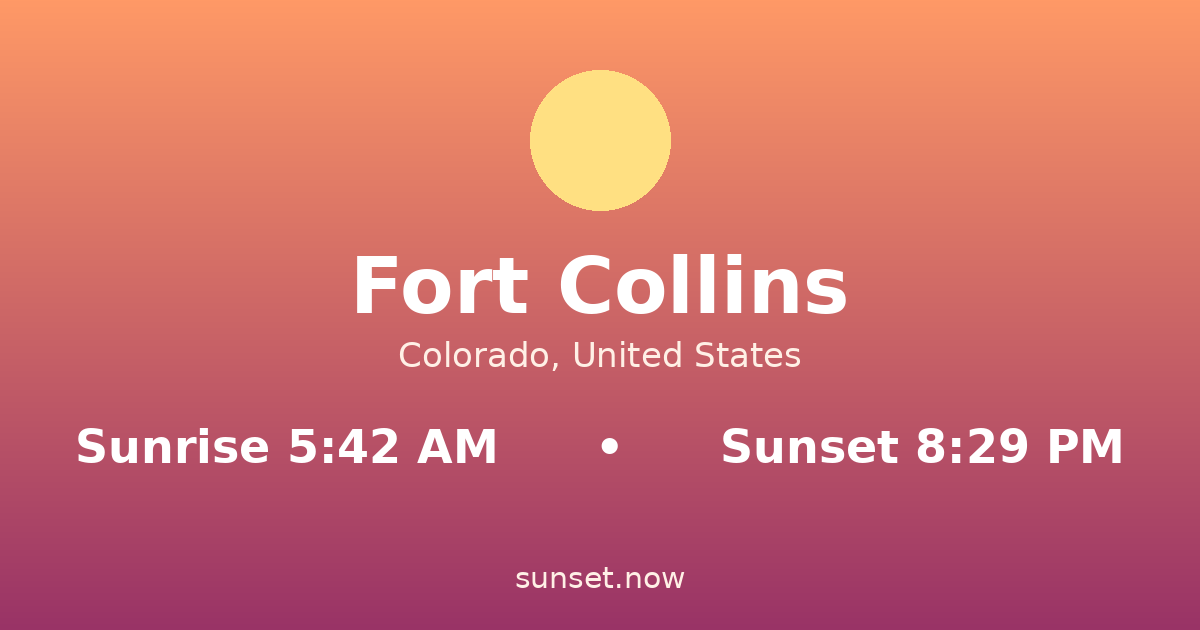Sunrise & sunset times in Fort Collins, Colorado — sunrise 5:42 AM, sunset 8:29 PM