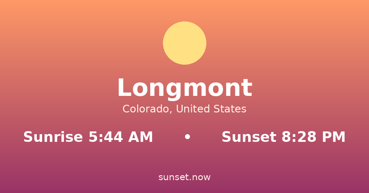 Sunrise & sunset times in Longmont, Colorado — sunrise 5:44 AM, sunset 8:28 PM