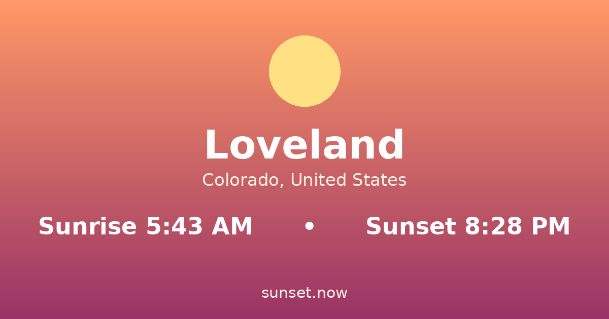 Sunrise & sunset times in Loveland, Colorado — sunrise 5:43 AM, sunset 8:28 PM