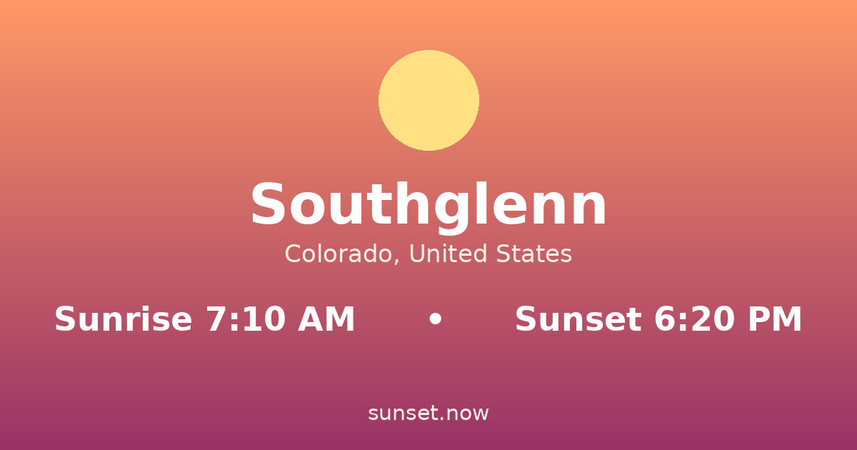 Sunrise & sunset times in Southglenn, Colorado — sunrise 7:09 AM, sunset 6:21 PM