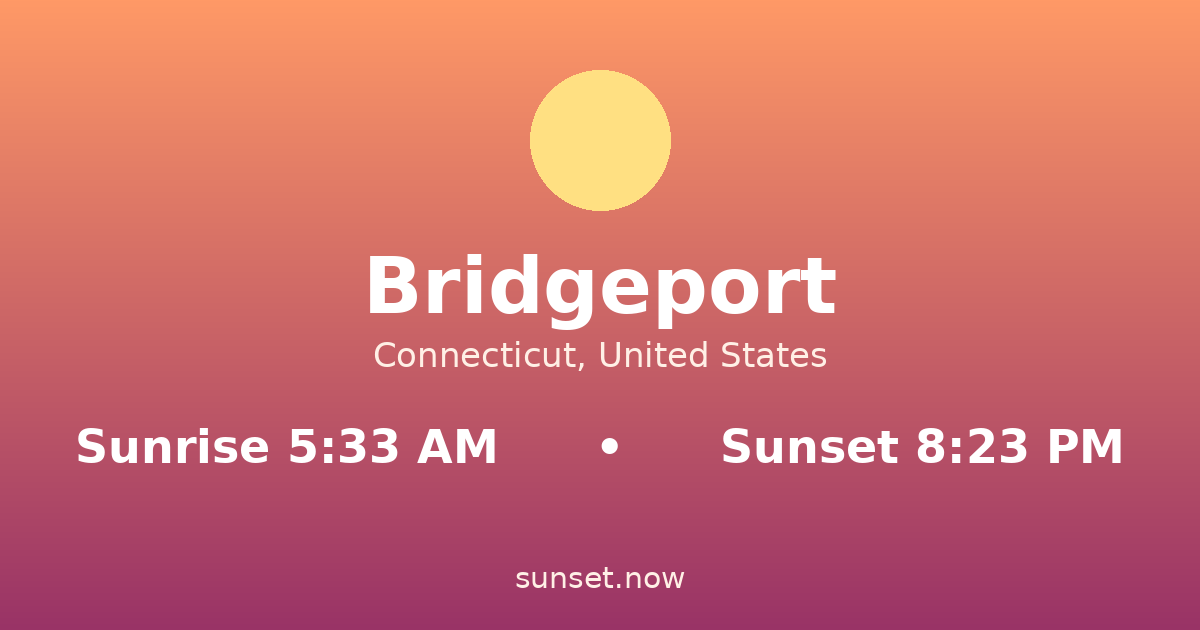 Sunrise & sunset times in Bridgeport, Connecticut — sunrise 5:33 AM, sunset 8:23 PM