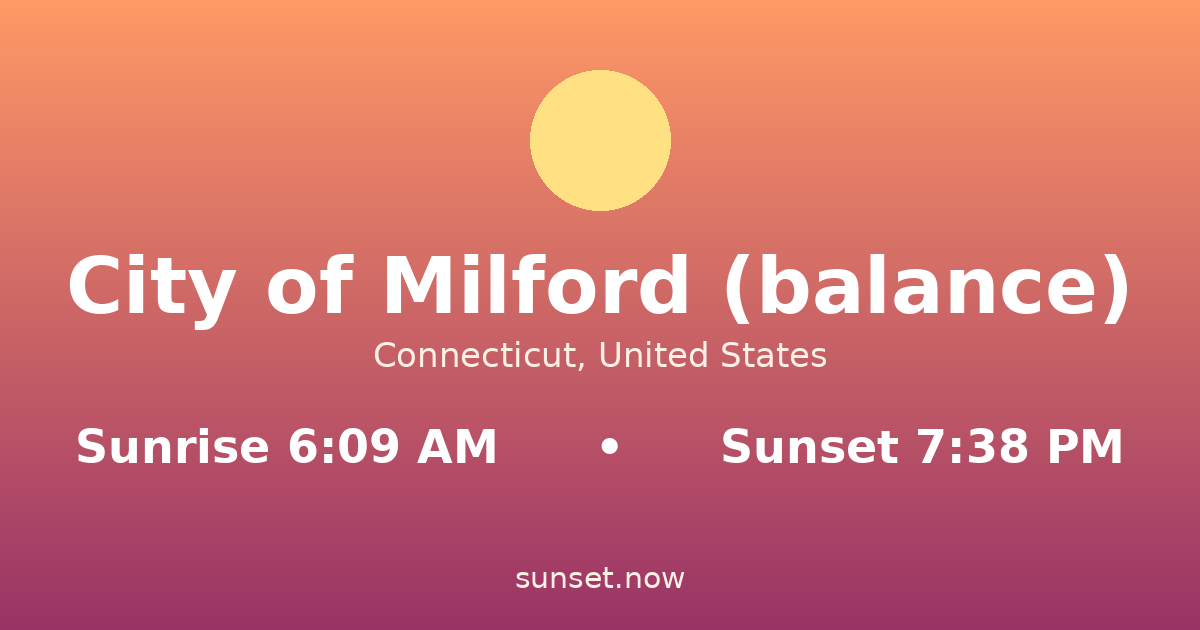 Sunrise & sunset times in City of Milford (balance), Connecticut — sunrise 6:09 AM, sunset 7:38 PM