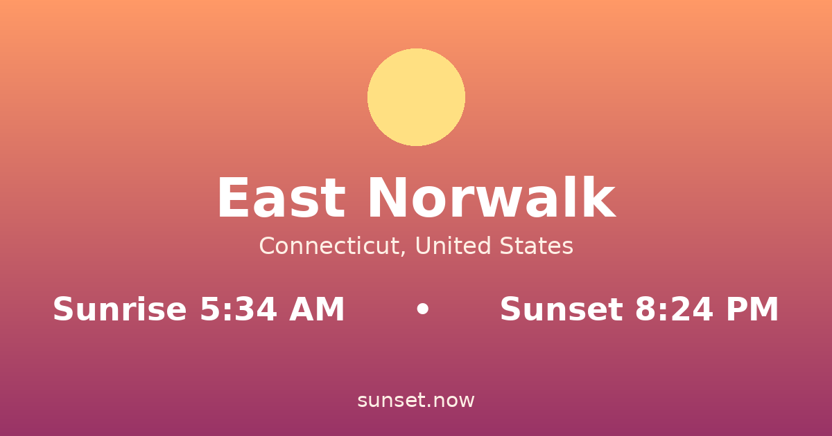 Sunrise & sunset times in East Norwalk, Connecticut — sunrise 5:34 AM, sunset 8:24 PM