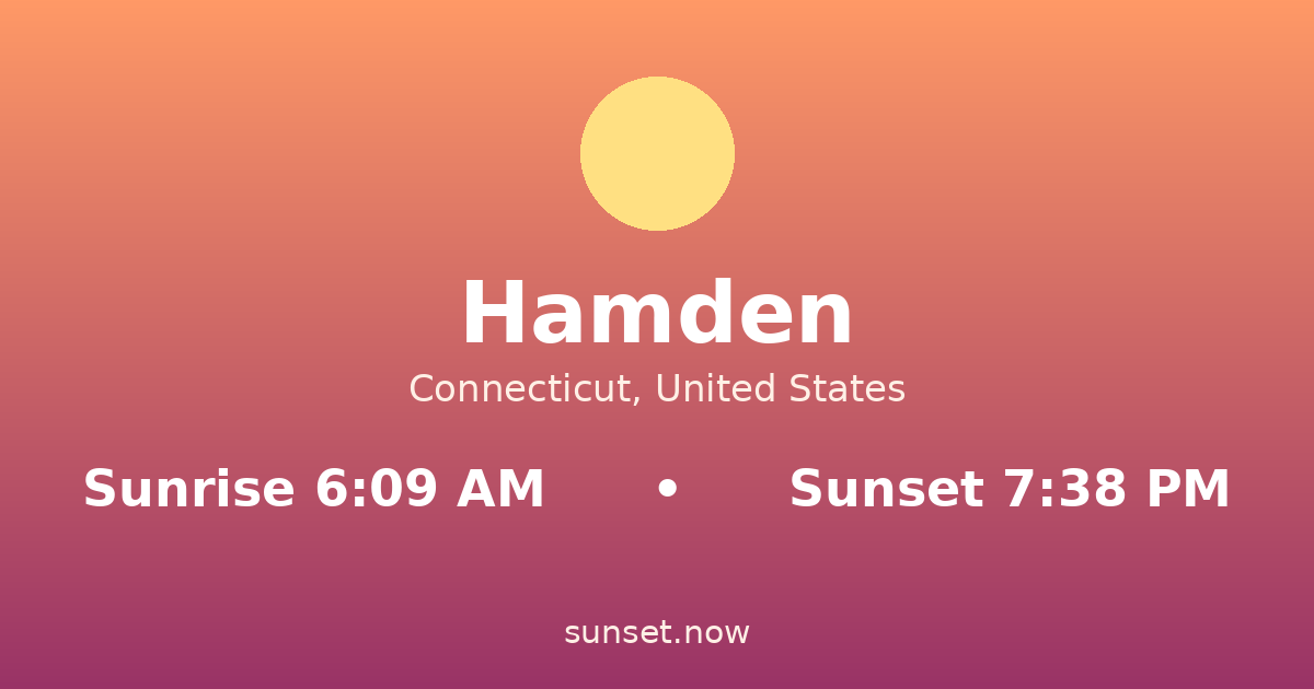Sunrise & sunset times in Hamden, Connecticut — sunrise 6:09 AM, sunset 7:38 PM
