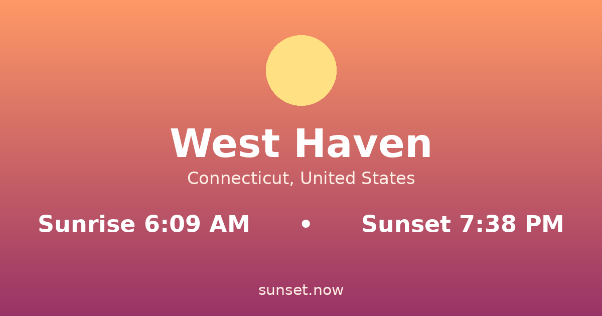 Sunrise & sunset times in West Haven, Connecticut — sunrise 6:09 AM, sunset 7:38 PM