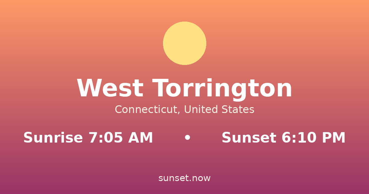 Sunrise & sunset times in West Torrington, Connecticut — sunrise 7:05 AM, sunset 6:10 PM