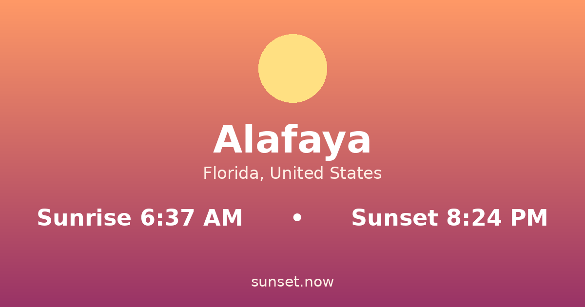 Sunrise & sunset times in Alafaya, Florida — sunrise 6:37 AM, sunset 8:24 PM