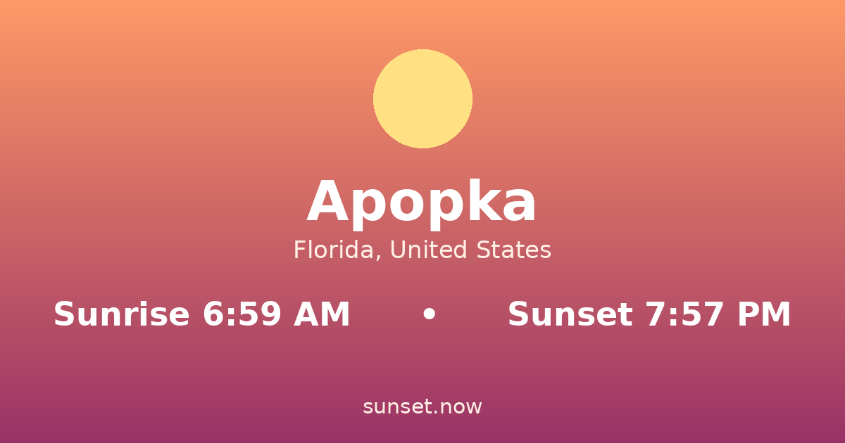 Sunrise & sunset times in Apopka, Florida — sunrise 6:59 AM, sunset 7:57 PM