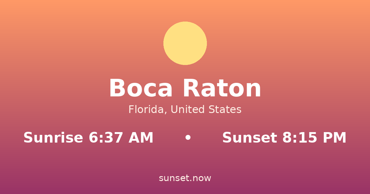 Sunrise & sunset times in Boca Raton, Florida — sunrise 6:37 AM, sunset 8:15 PM