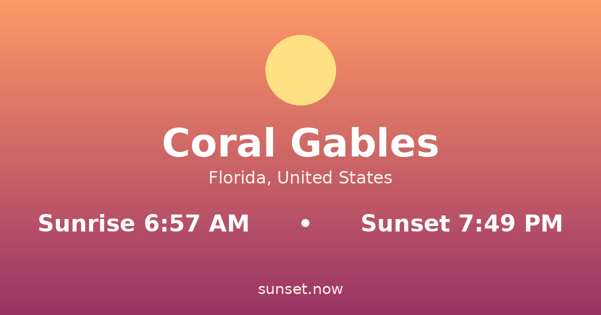 Sunrise & sunset times in Coral Gables, Florida — sunrise 6:57 AM, sunset 7:49 PM