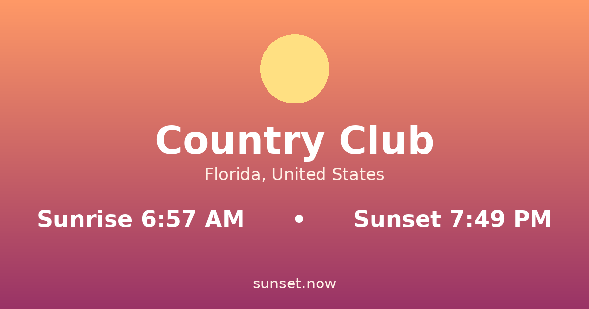Sunrise & sunset times in Country Club, Florida — sunrise 6:57 AM, sunset 7:49 PM