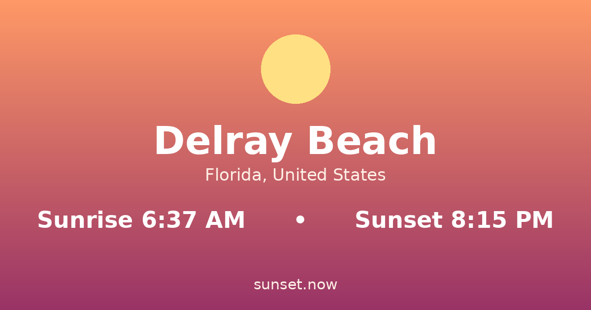 Sunrise & sunset times in Delray Beach, Florida — sunrise 6:37 AM, sunset 8:15 PM