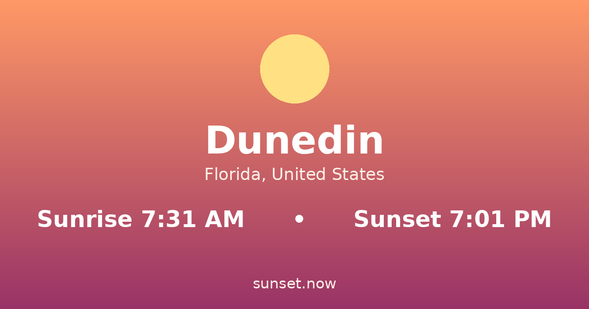 Sunrise & sunset times in Dunedin, Florida — sunrise 7:31 AM, sunset 7:01 PM