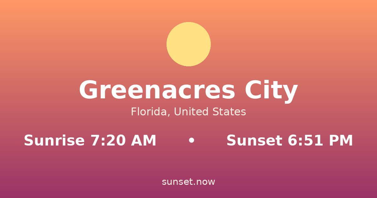 Sunrise & sunset times in Greenacres City, Florida — sunrise 7:20 AM, sunset 6:51 PM