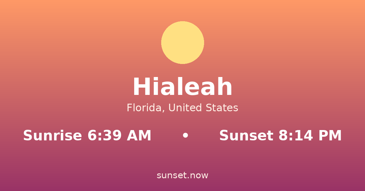 Sunrise & sunset times in Hialeah, Florida — sunrise 6:39 AM, sunset 8:14 PM