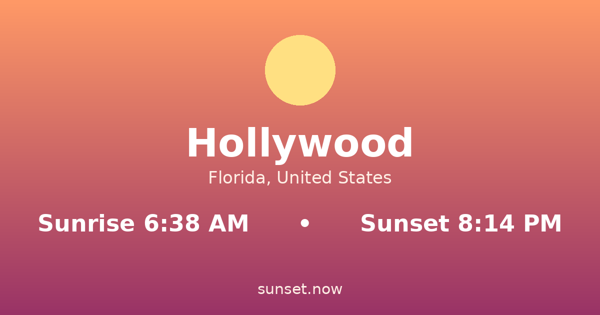 Sunrise & sunset times in Hollywood, Florida — sunrise 6:38 AM, sunset 8:14 PM