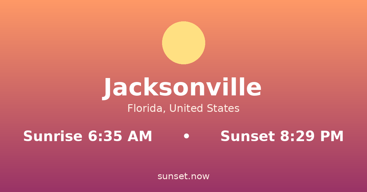 Sunrise & sunset times in Jacksonville, Florida — sunrise 6:35 AM, sunset 8:29 PM