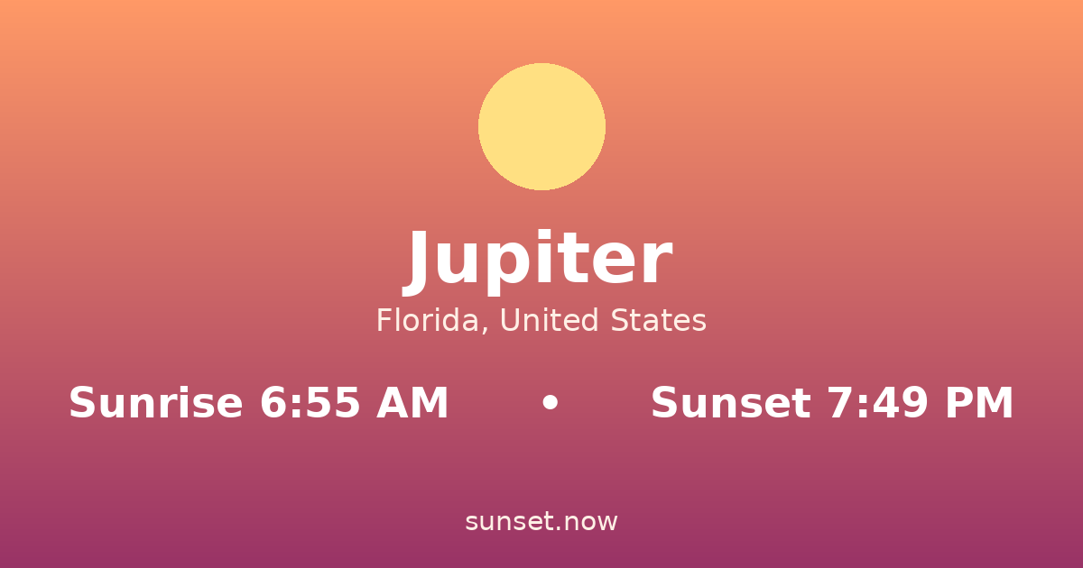 Sunrise & sunset times in Jupiter, Florida — sunrise 6:55 AM, sunset 7:49 PM