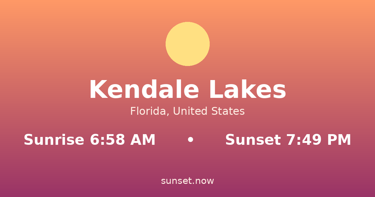 Sunrise & sunset times in Kendale Lakes, Florida — sunrise 6:58 AM, sunset 7:49 PM