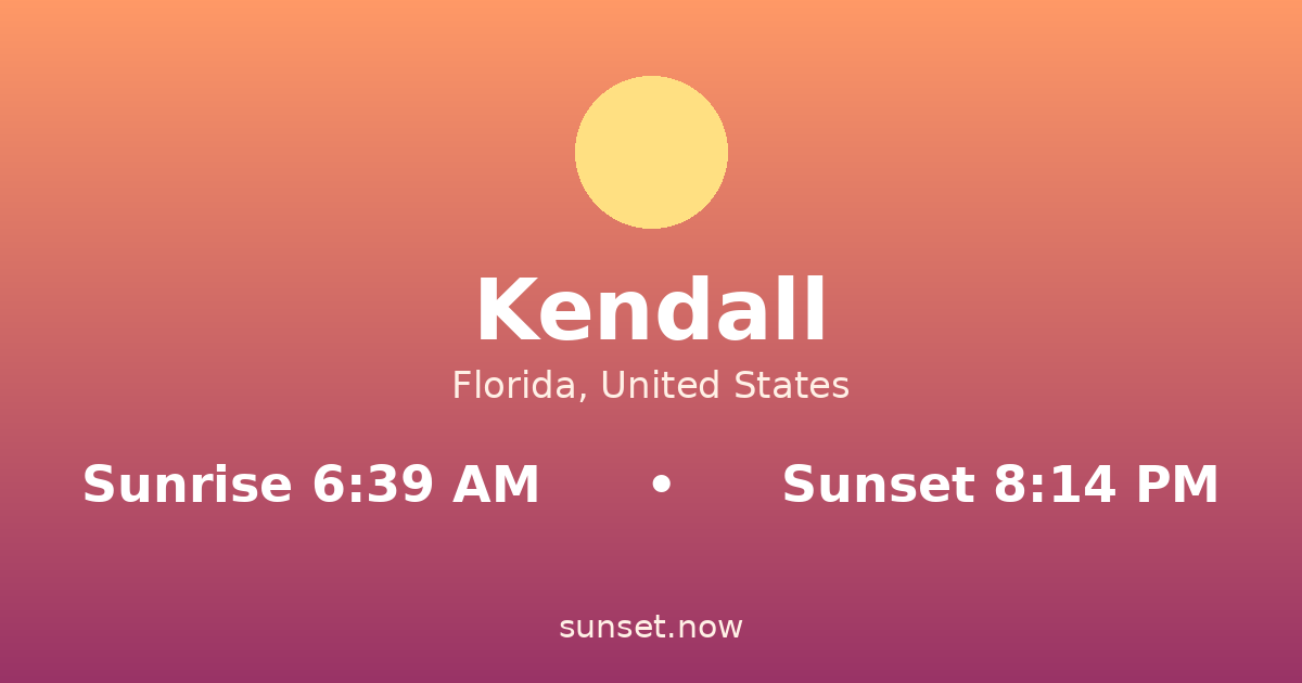 Sunrise & sunset times in Kendall, Florida — sunrise 6:39 AM, sunset 8:14 PM