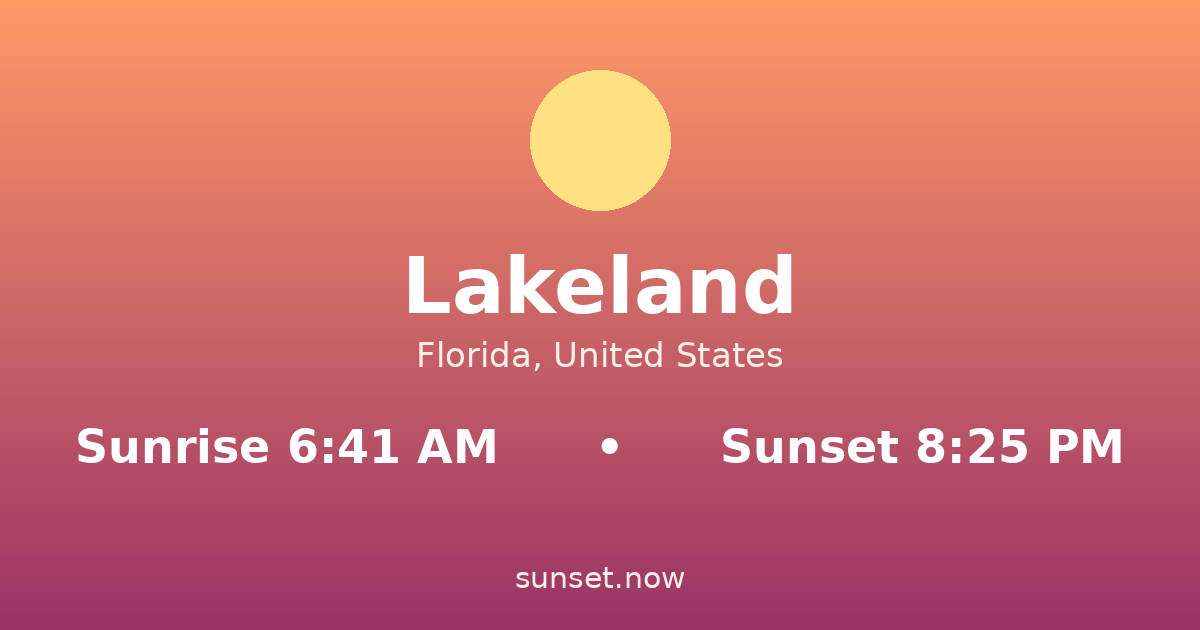 Sunrise & sunset times in Lakeland, Florida — sunrise 6:41 AM, sunset 8:25 PM