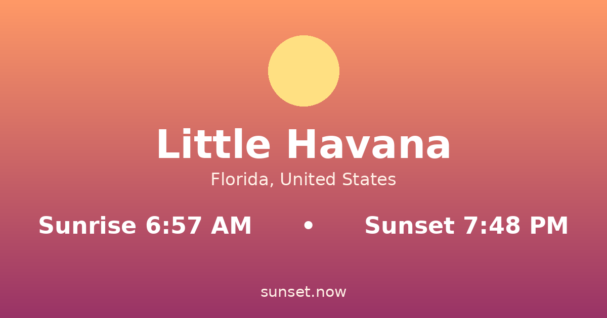 Sunrise & sunset times in Little Havana, Florida — sunrise 6:57 AM, sunset 7:48 PM