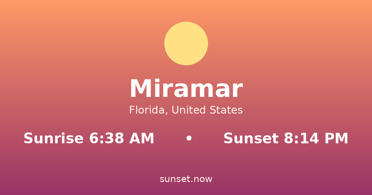 Sunrise & sunset times in Miramar, Florida — sunrise 6:38 AM, sunset 8:14 PM