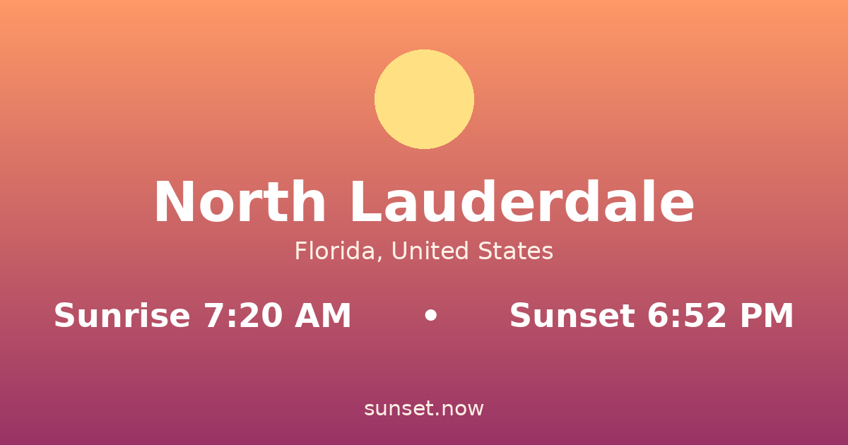 Sunrise & sunset times in North Lauderdale, Florida — sunrise 7:20 AM, sunset 6:52 PM