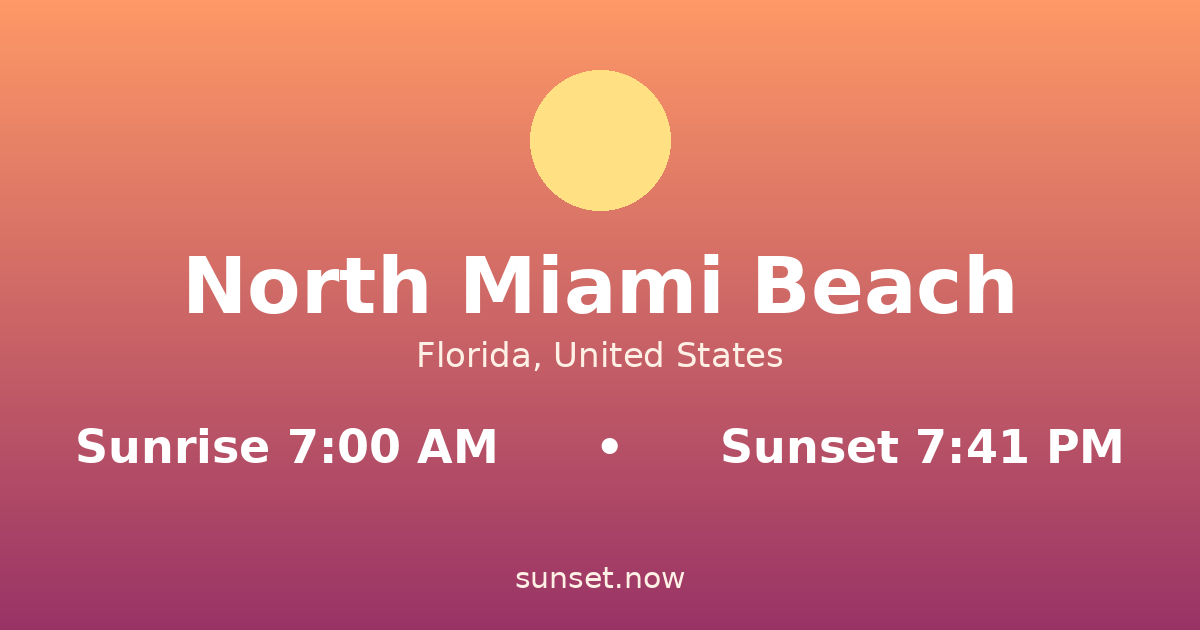 Sunrise & sunset times in North Miami Beach, Florida — sunrise 6:59 AM, sunset 7:42 PM