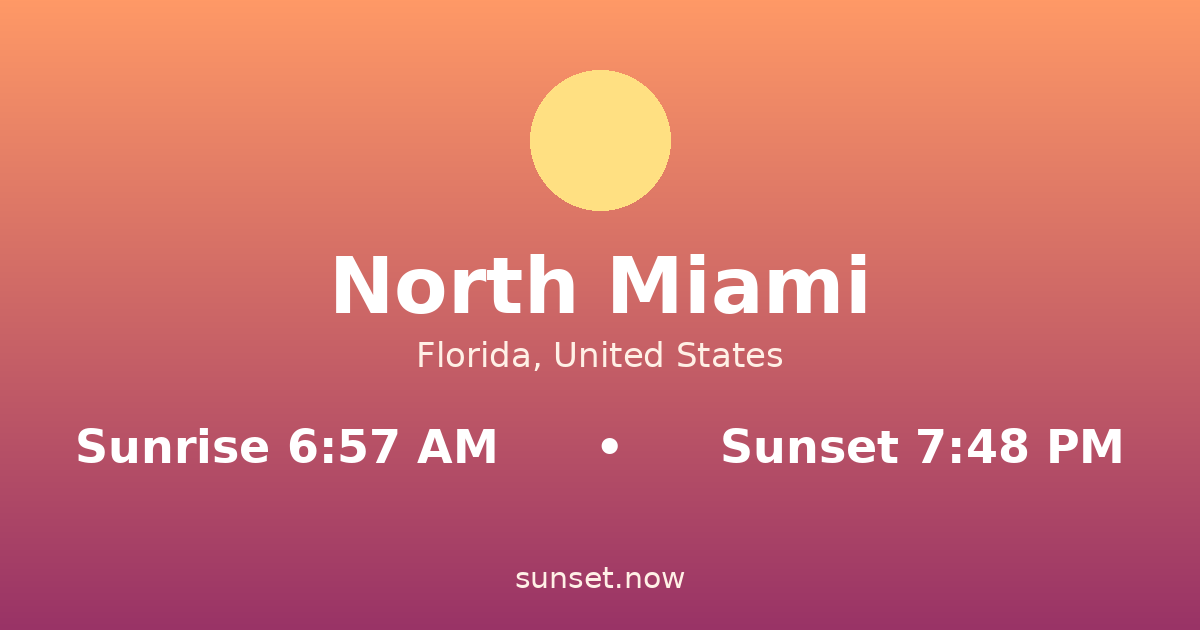 Sunrise & sunset times in North Miami, Florida — sunrise 6:57 AM, sunset 7:48 PM