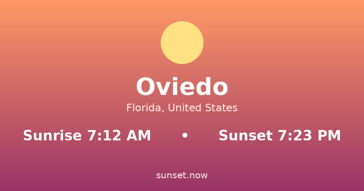 Sunrise & sunset times in Oviedo, Florida — sunrise 7:12 AM, sunset 7:23 PM