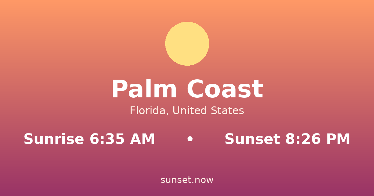 Sunrise & sunset times in Palm Coast, Florida — sunrise 6:35 AM, sunset 8:26 PM
