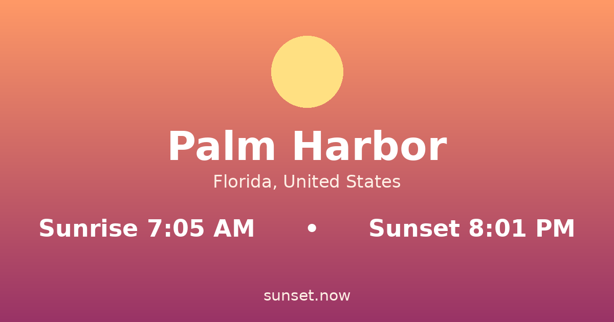 Sunrise & sunset times in Palm Harbor, Florida — sunrise 7:05 AM, sunset 8:01 PM
