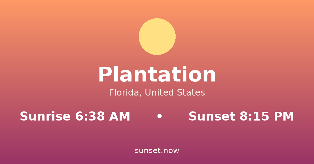 Sunrise & sunset times in Plantation, Florida — sunrise 6:38 AM, sunset 8:15 PM