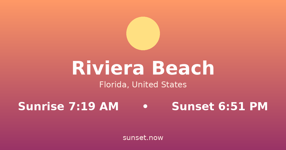 Sunrise & sunset times in Riviera Beach, Florida — sunrise 7:19 AM, sunset 6:51 PM