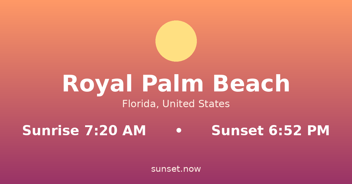 Sunrise & sunset times in Royal Palm Beach, Florida — sunrise 7:20 AM, sunset 6:52 PM