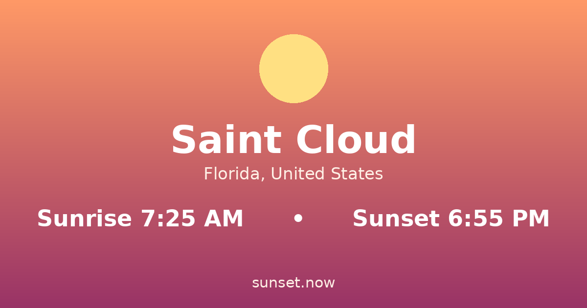 Sunrise & sunset times in Saint Cloud, Florida — sunrise 7:25 AM, sunset 6:55 PM
