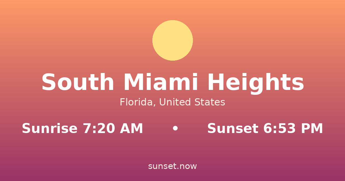 Sunrise & sunset times in South Miami Heights, Florida — sunrise 7:20 AM, sunset 6:53 PM