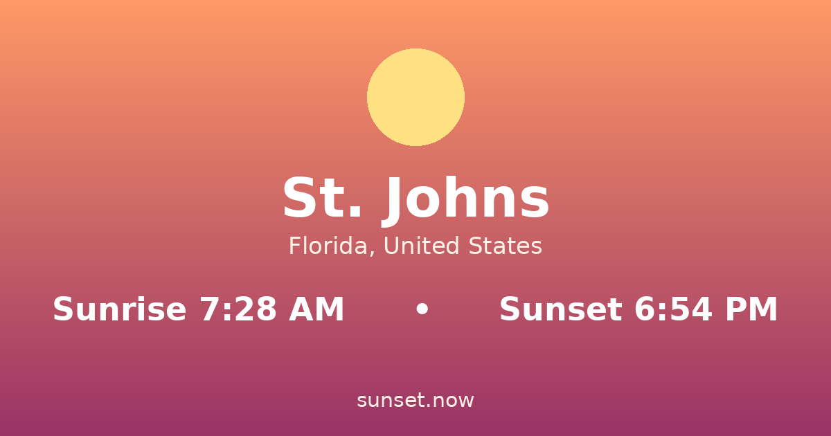 Sunrise & sunset times in St. Johns, Florida — sunrise 7:28 AM, sunset 6:54 PM