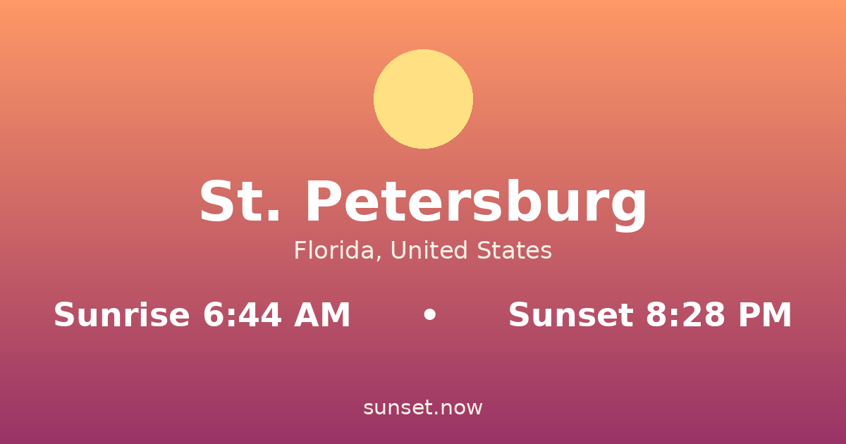 Sunrise & sunset times in St. Petersburg, Florida — sunrise 6:44 AM, sunset 8:28 PM
