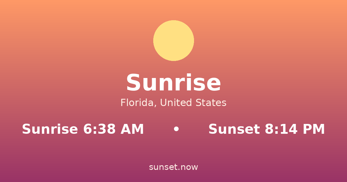 Sunrise & sunset times in Sunrise, Florida — sunrise 6:38 AM, sunset 8:14 PM