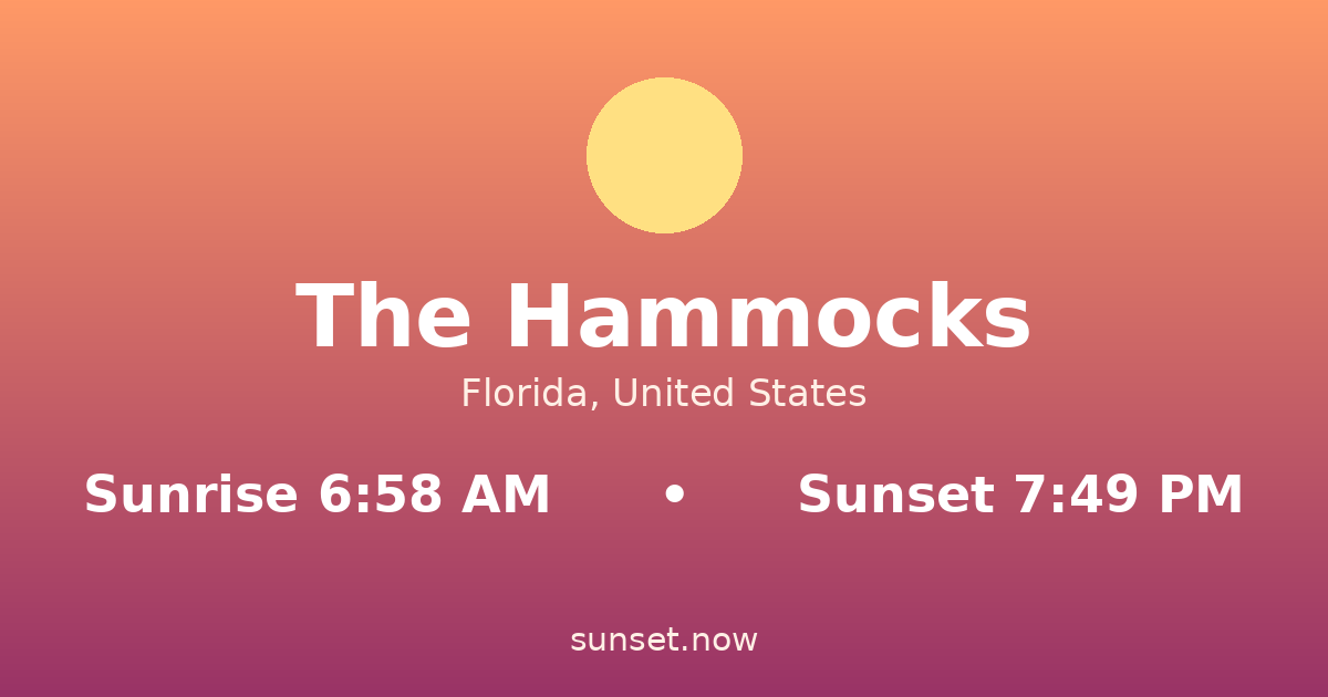 Sunrise & sunset times in The Hammocks, Florida — sunrise 6:58 AM, sunset 7:49 PM