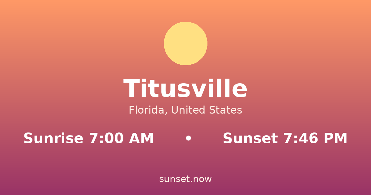 Sunrise & sunset times in Titusville, Florida — sunrise 7:00 AM, sunset 7:47 PM