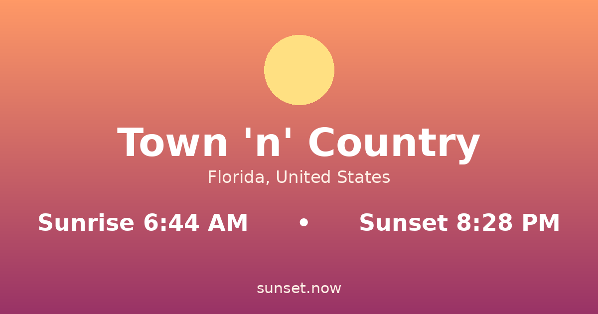 Sunrise & sunset times in Town 'n' Country, Florida — sunrise 6:44 AM, sunset 8:28 PM