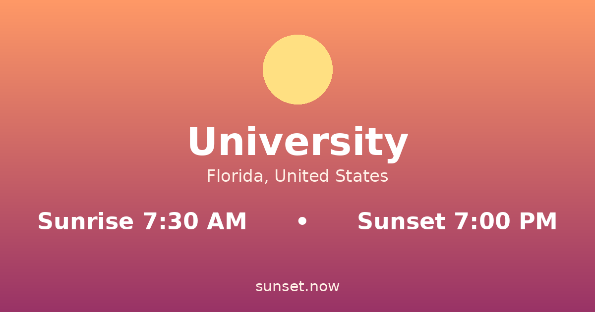 Sunrise & sunset times in University, Florida — sunrise 7:30 AM, sunset 7:00 PM