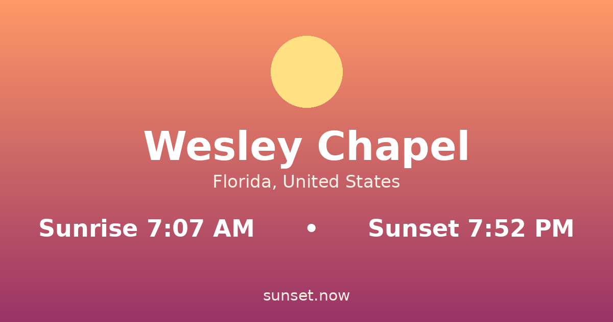 Sunrise & sunset times in Wesley Chapel, Florida — sunrise 7:06 AM, sunset 7:53 PM