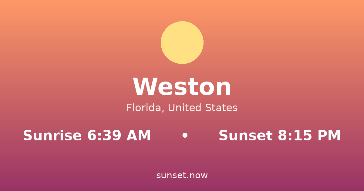 Sunrise & sunset times in Weston, Florida — sunrise 6:39 AM, sunset 8:15 PM