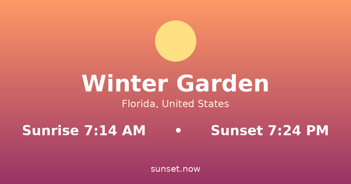 Sunrise & sunset times in Winter Garden, Florida — sunrise 7:14 AM, sunset 7:24 PM